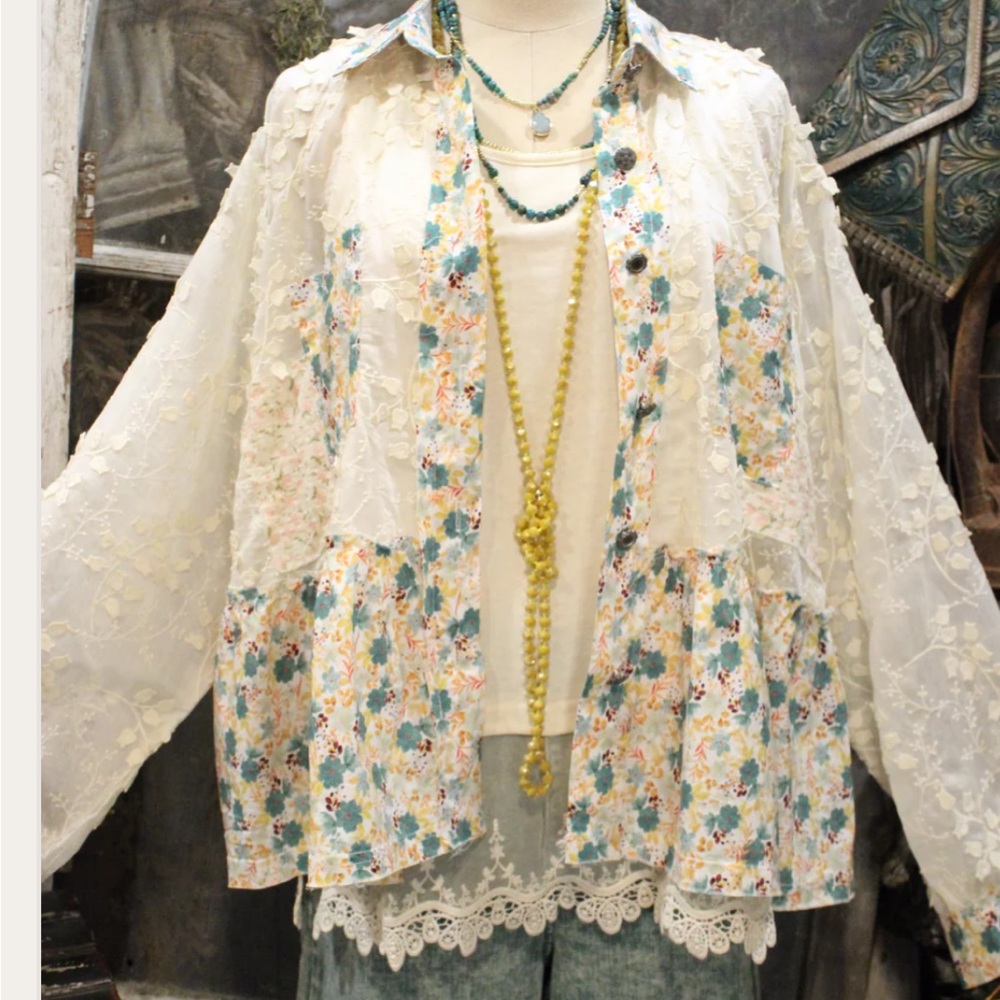 Pol Sheer Lace/Patchwork Button Down Oversized Bl… - image 1